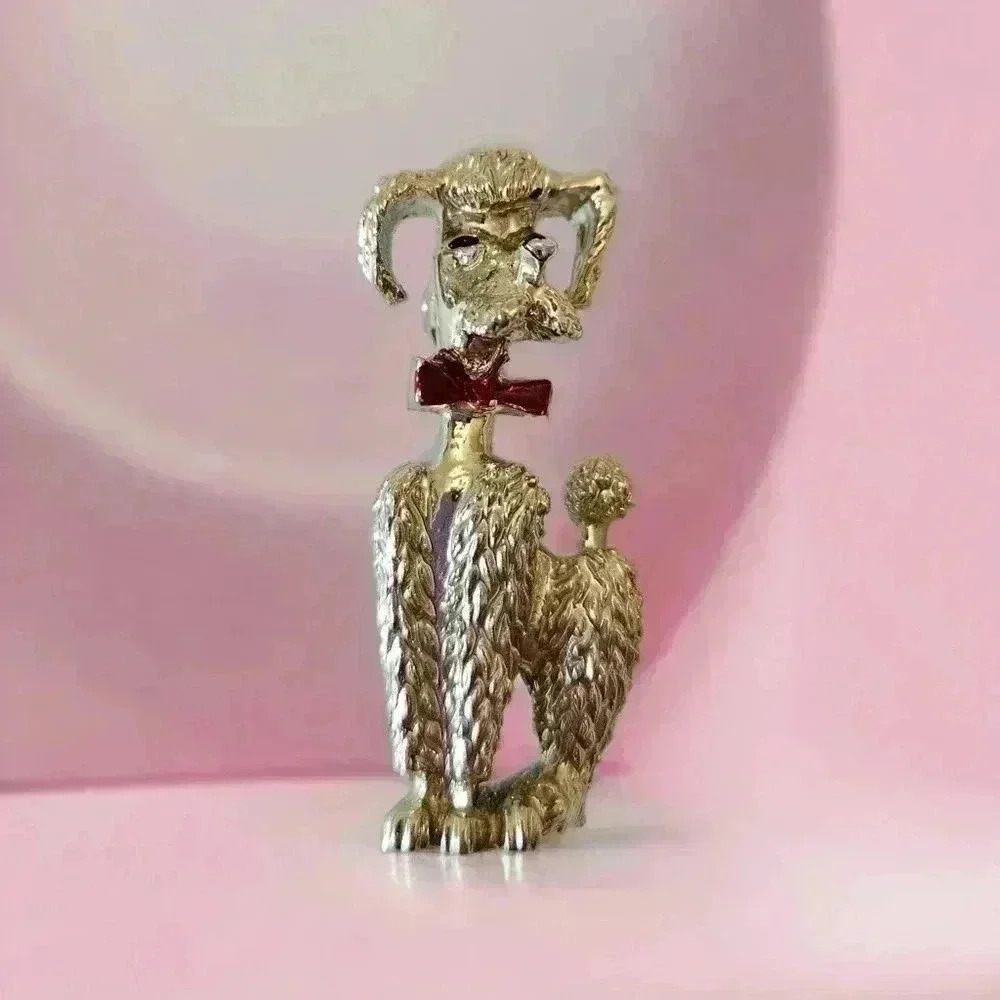 Red Bowtie Enameled Poodle Dog Themed Gold Tone Detailed Vintage Pin